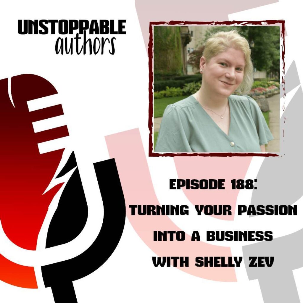 A photo of Shelly in light green shirt on the Unstoppable Authors logo, which is a red and black microphone. Shelly is a Toronto-based book editor extraordinaire! They have extensive experience as a romance novel editor, poetry editor, fiction editor, and more! 