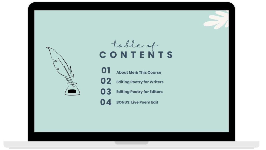A laptop computer with green background on the screen which says "Editing Poetry Table of Contents" in large font, with a poetry quill to the side. 